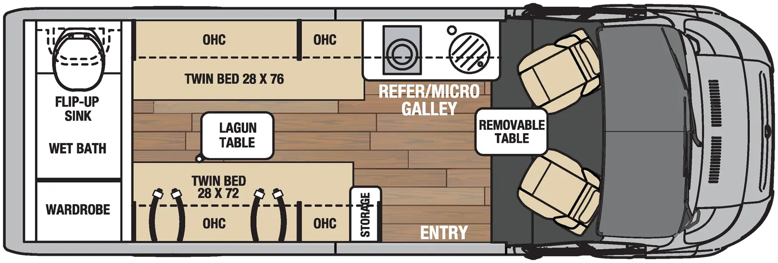 The Nova 20RB has 0 slideouts and 1 entry door and rear doors. Interior layout from front to back; removable table; off-door Galley kitchen with LP cooktop and single sink with overhead cabinets with refrigerator and microwave; door side storage near entry with 28 inch by 76 inch twin bed and overhead cabinets; off door side 28 inch by 76 inch twin bed and overhead cabinets; rear wet bath with flip up sink and wardrobe.